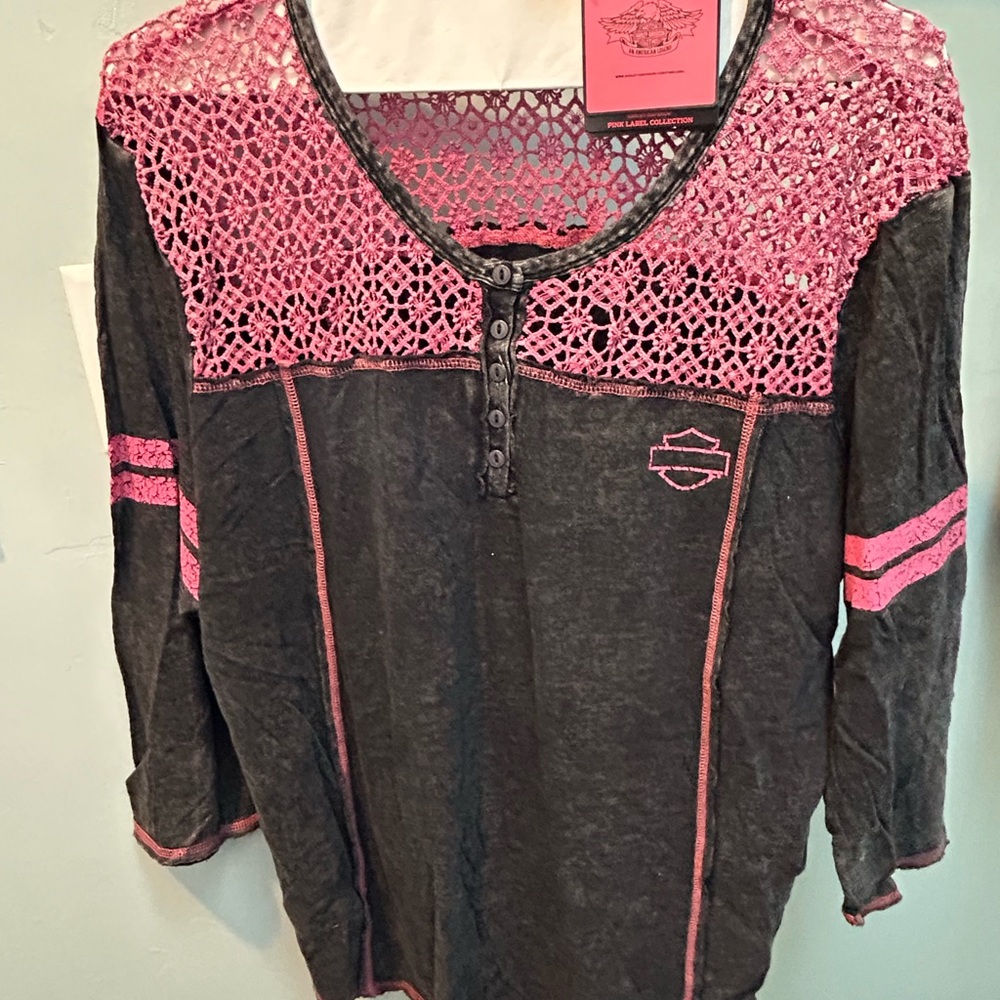 Harley Davidson Pink and Black Crochet Distressed-Look Top